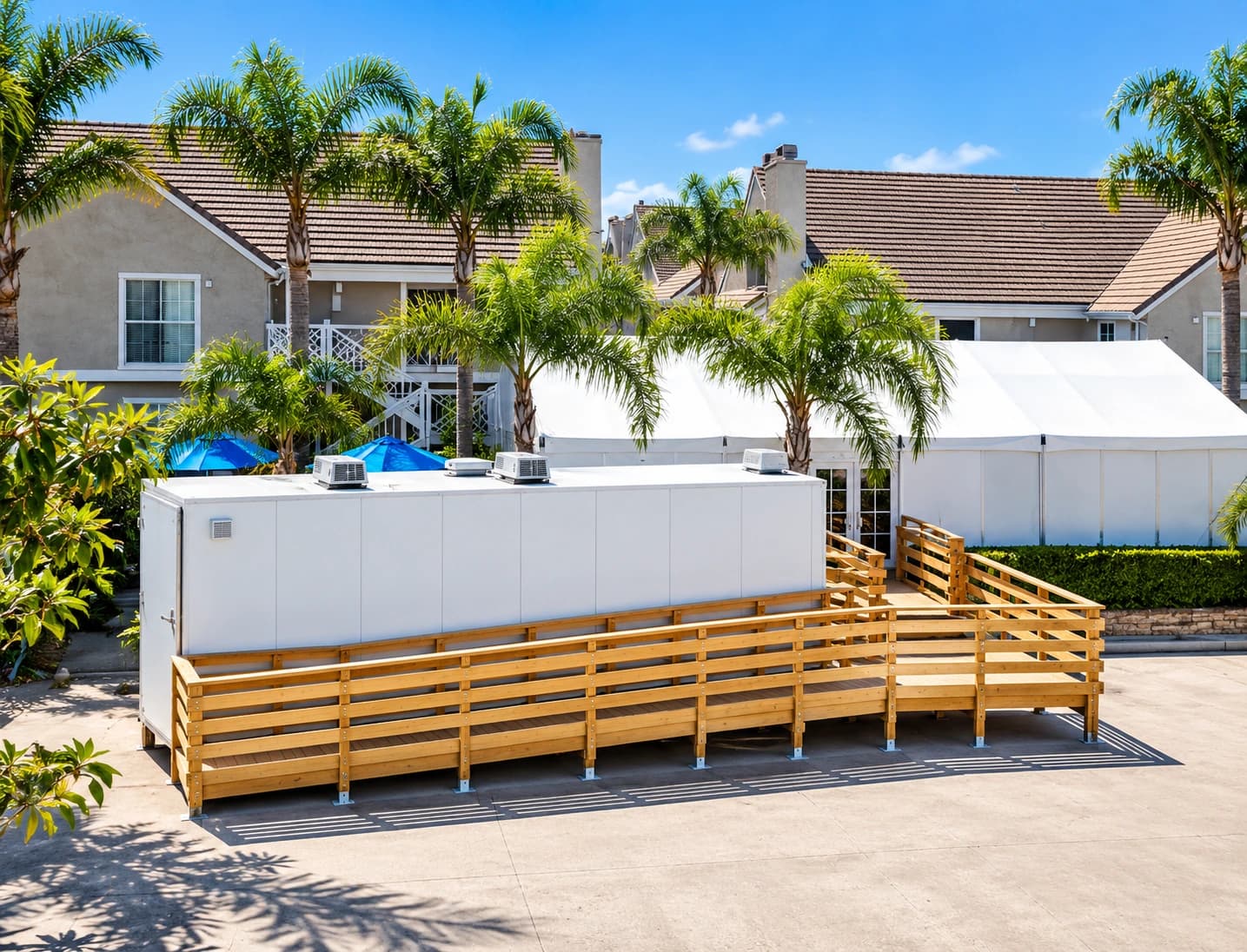 Access ramp and handrails alongside temporary facilities
