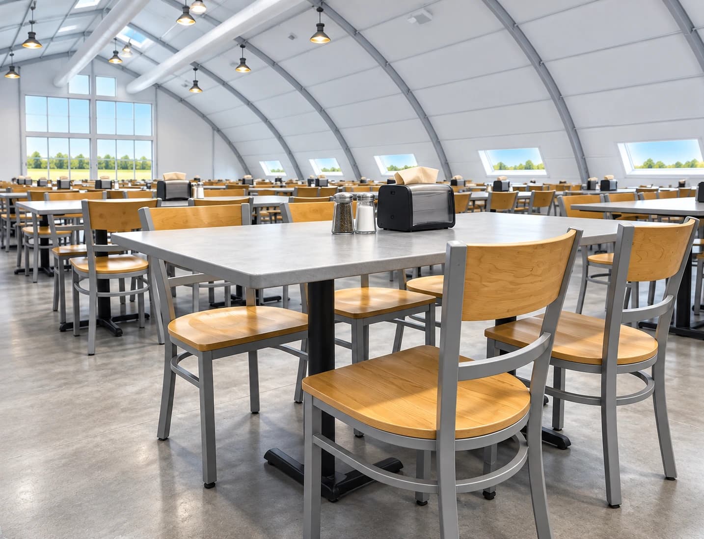 temporary dining hall with tables and chairs