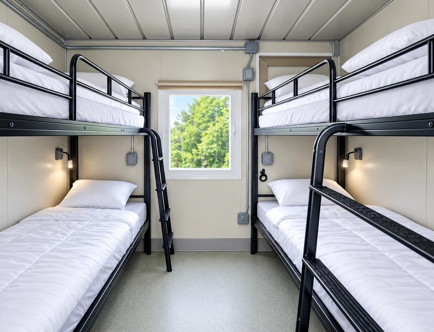 Two sets of bunk beds facing a central aisle inside a sleeper accommodation room
