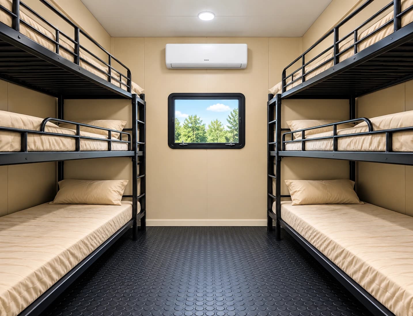Bunk beds arranged along both walls of a shared sleeper room