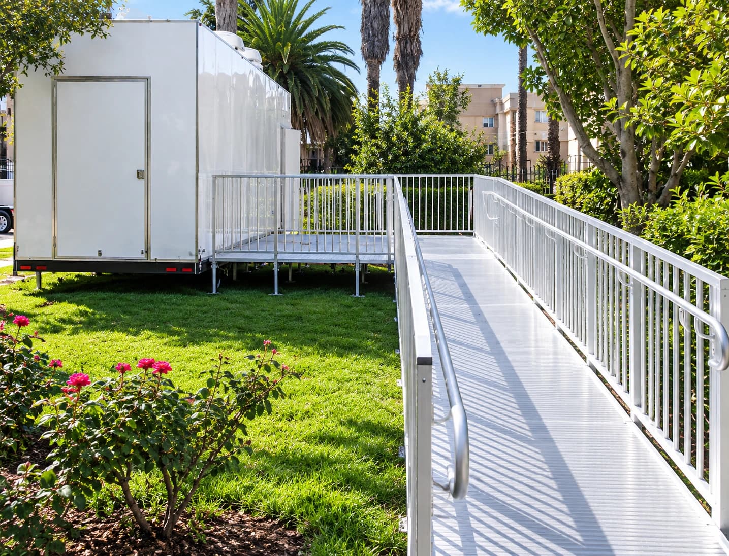 Access ramp and railings alongside temporary facilities