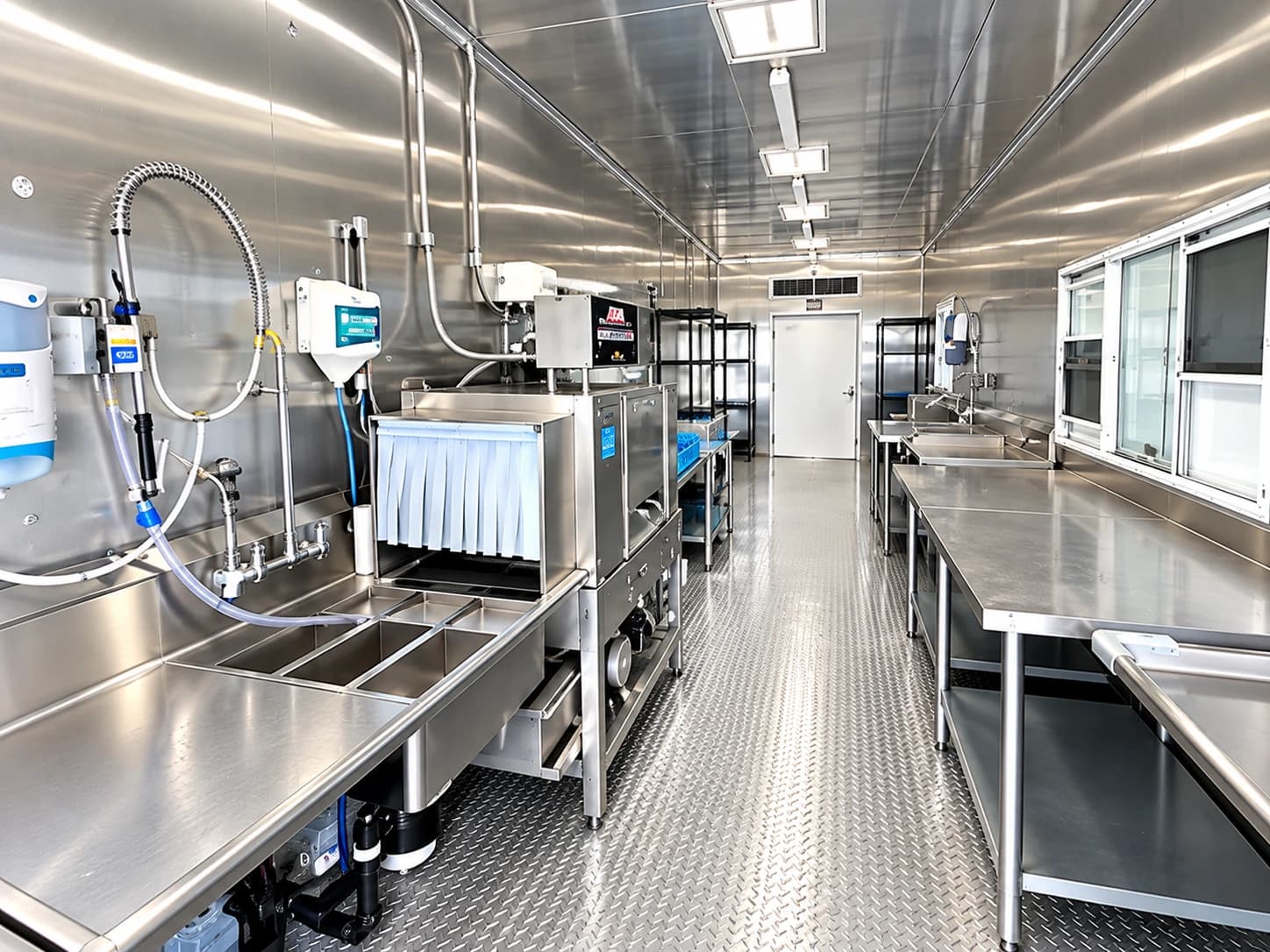 Commercial dishwashing trailer interior with sinks and warewashing equipment