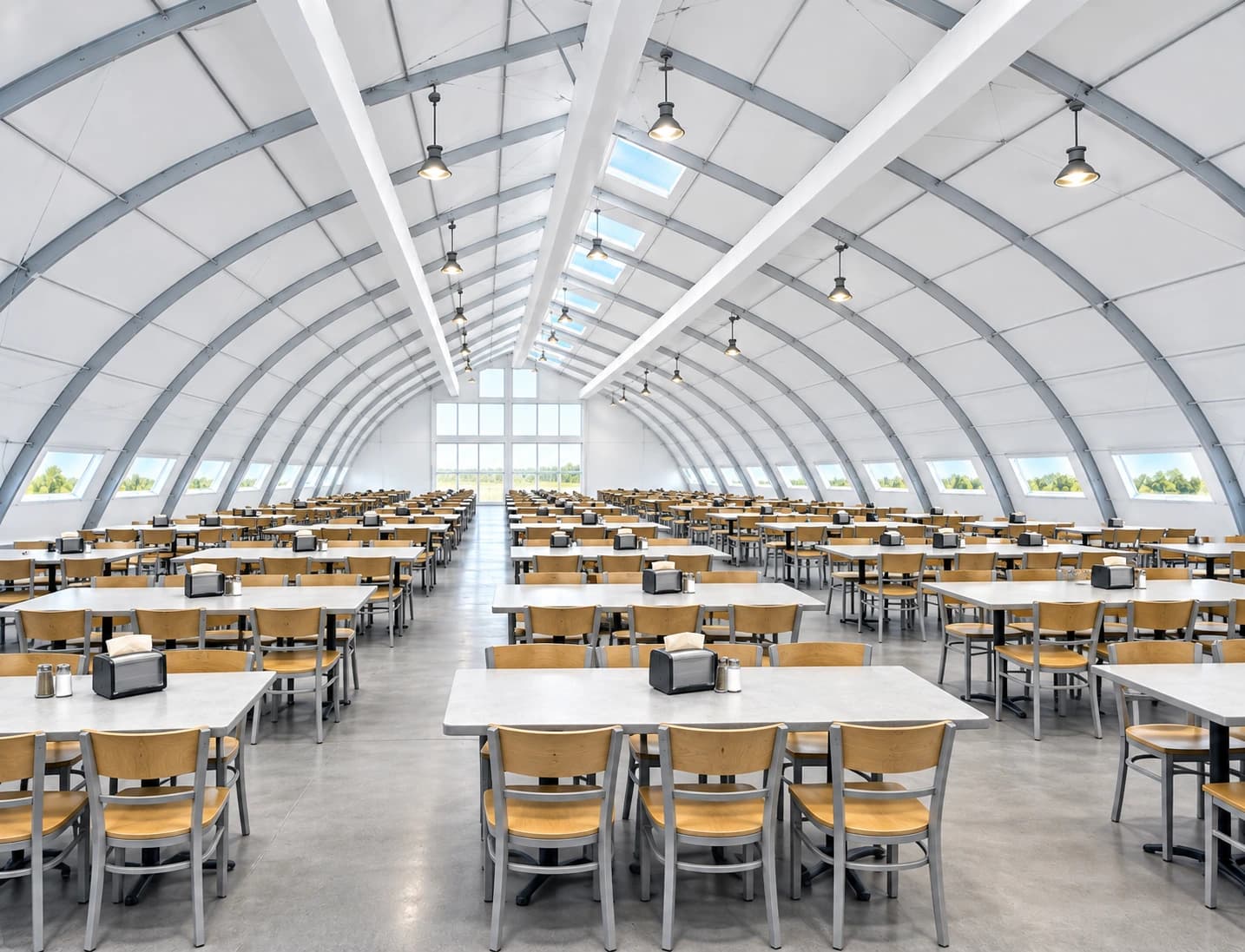 Tables and chairs arranged inside a temporary dining hall